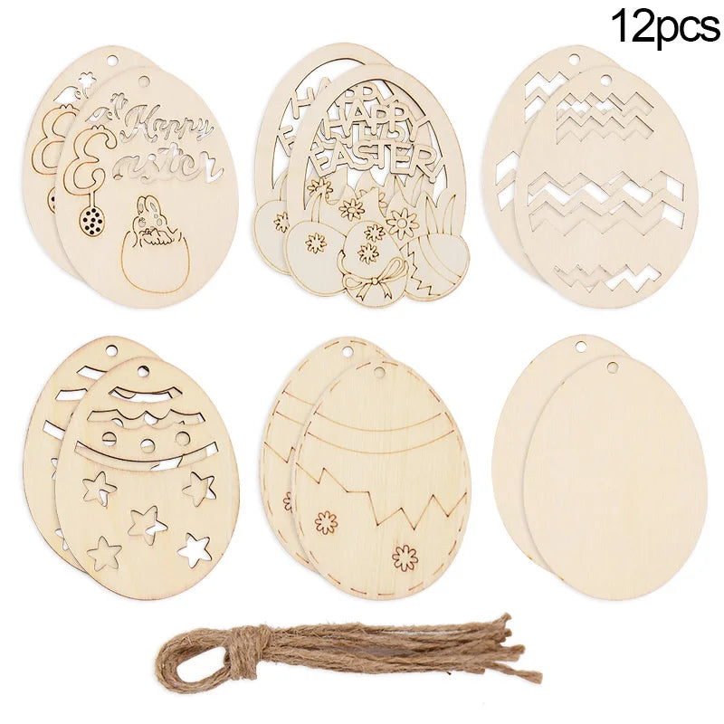 6/12Pcs Easter Egg Wooden Slice Kids DIY Painting Gift Hanging Pendant Unfinished Wood Crafts Happy Easter Party Home Decoration