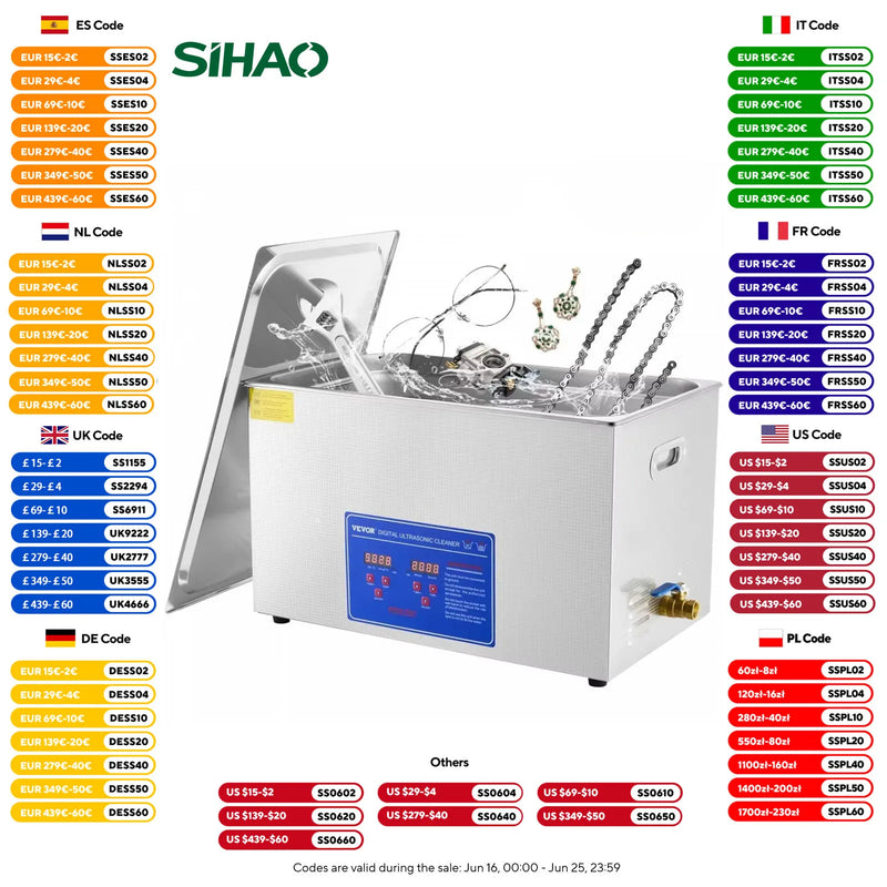SIHAO Ultrasonic Cleaner with Digital Timer - 2L to 30L Stainless Steel Tank for Jewelry, Glasses, Watches & Industrial Parts