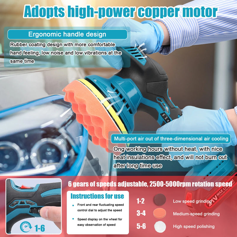 21V Cordless Car Polisher 6 Gears Electric Auto Polishing Machine Multifunction Metal Waxing Wood Sanding Rust Removal Tool