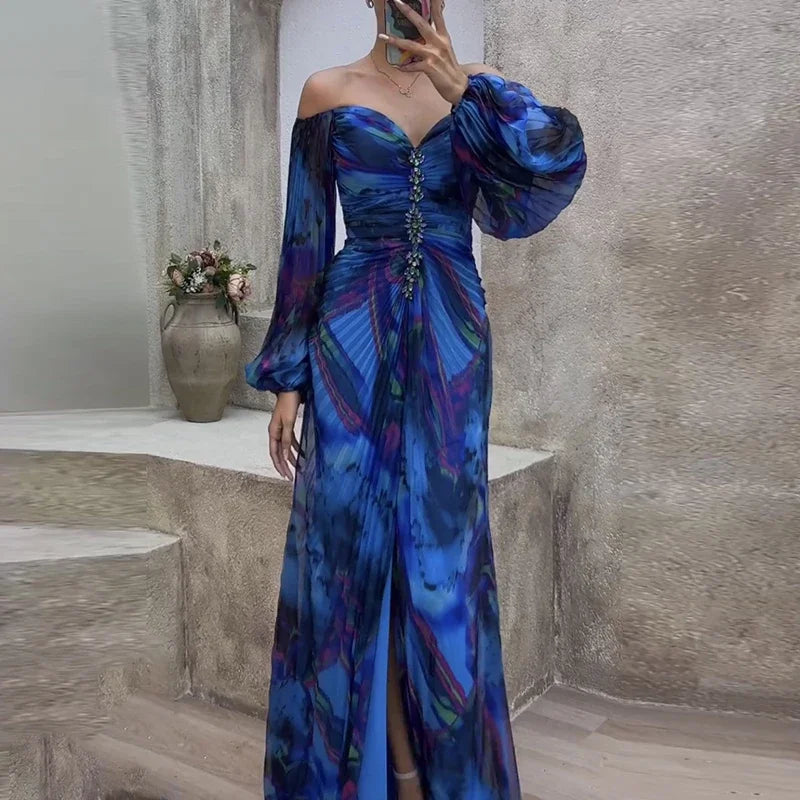 Casual Lantern Long Sleeve Big Hem Long Dress Vintage Tie-dye Print Pleated Party Dress Women Sexy Deep V-neck Waist Split Dress