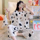 2 Piece Set Long-Sleeved Pyjamas Women Silk Sleepwear Autumn and Winter Korean Version Large Size Ladies Cartoon Bear Home Wear