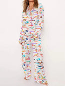 Women Bow Printing 2 Piece Y2k Satin Silk Lounge Outfits Pajamas Set Long Sleeve Button Down Shirt Pants Set Valentine's Day