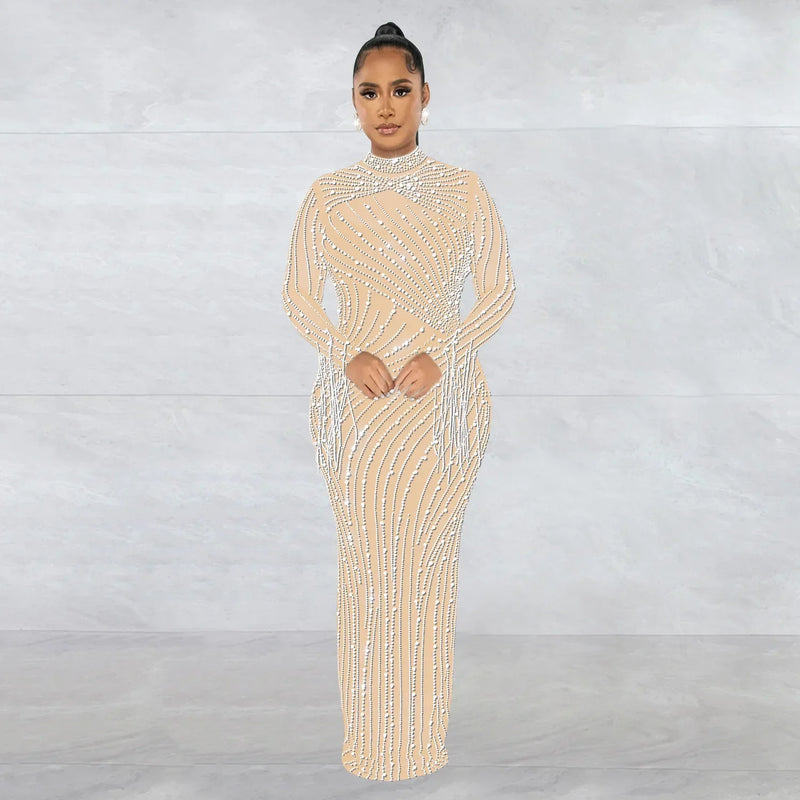 CM.YAYA Women Mesh Tassel Long Sleeve Diamonds Hot Rhinestones Bodycon Midi Maxi Long Dress and Tank Inner Dresses 2piece Suit