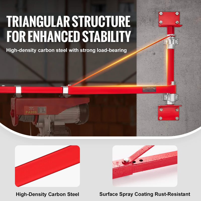 SucceBuy Electric Hoist Support Arm Swing Holder with Pole Steel Hoist Frame 180° Scaffold Winch Lifting Arm for Workshop Garage