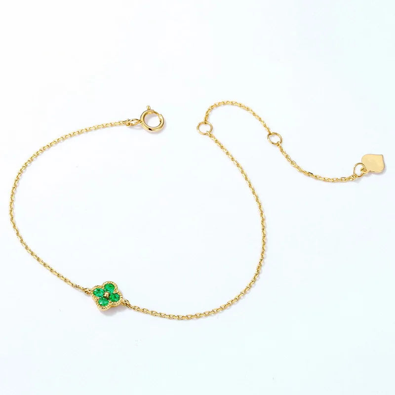 Metiseko S925 Sterling Silver Plated 14K Gold Emerald Colour 4-leaf Clover Bracelet Women's Simple Geometric Bracelet for Party