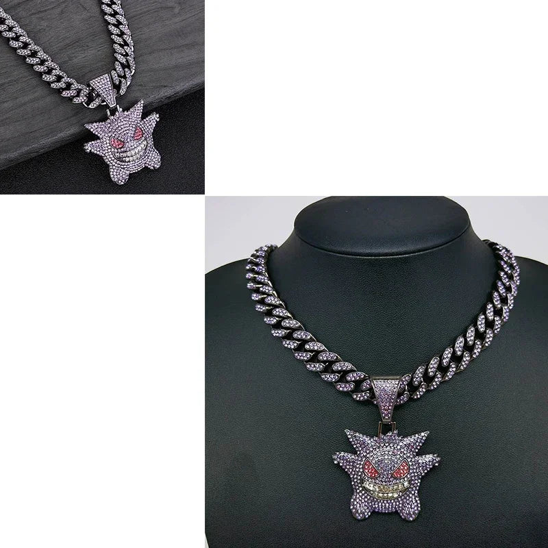 Pokemon Gengar Miami Cuban Link Chain HipHop Men Women Necklace Jewelry Trend Metal Pendant Rhinestone Paved New Hot Street Gift