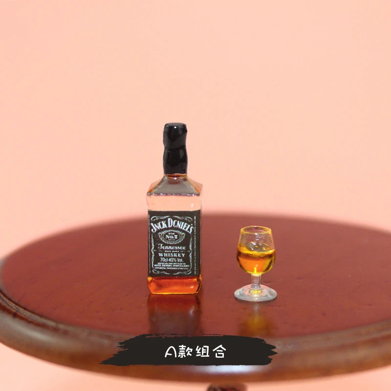 Dollhouse Miniature 1:12 Popular Whiskey with Filled Glass Drink Bottles Model for Doll House Play Food Accessory