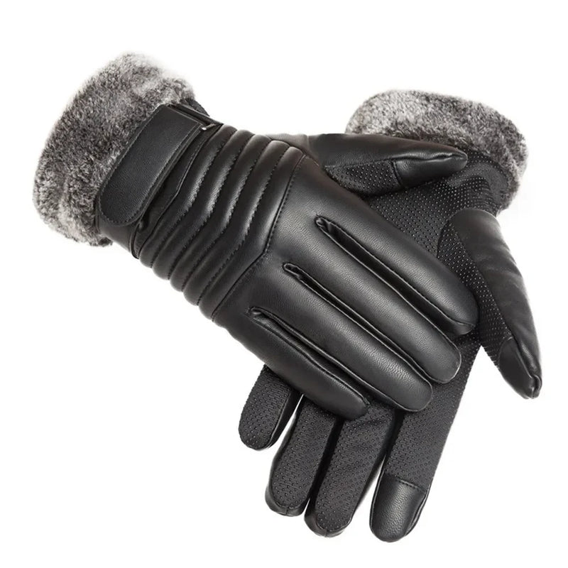 Gloves Winter MEN'S Fur Mouth Plush Insulation Gloves Outdoor Cycling Motorcycle PU Touch Screen Cotton Gloves