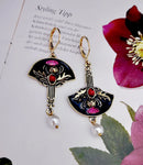 Creative Thistle Flower Drop Earrings Women Ethnic Black Enamel Fan Shaped Red Stone Pearl Statement Earrings