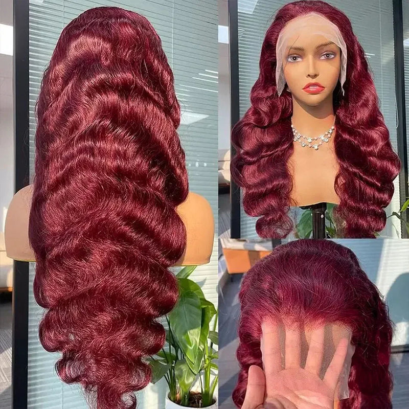 200 Density HD Transparent 99j Burgundy Body wave Lace 13x6 Front Human Hair Lace Frontal Wig Brazilian Hair For Women