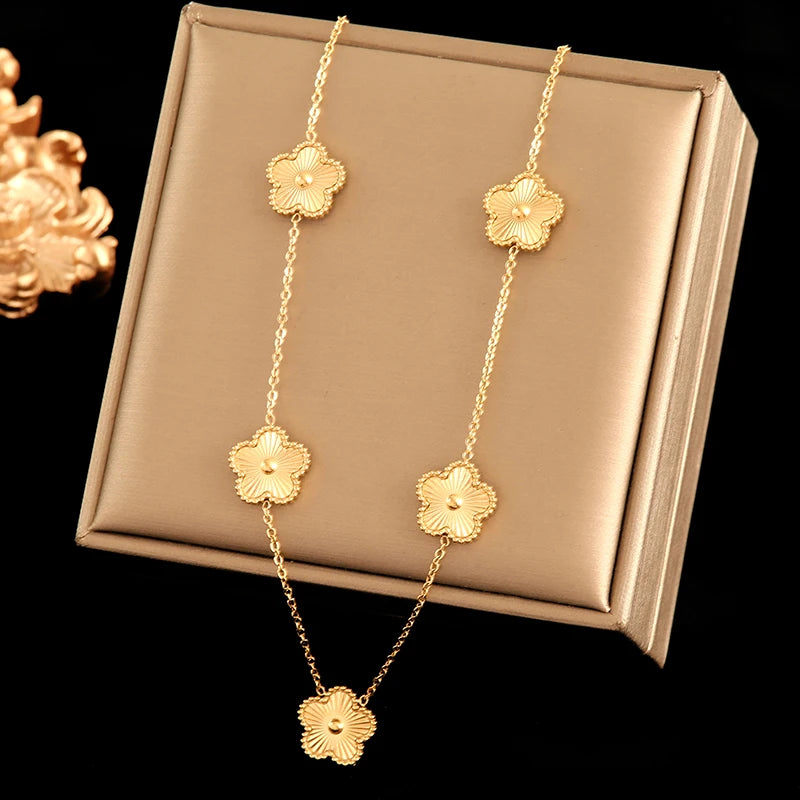 GANEMLY 316L Stainless Steel Golden Plum Blossom Plant Five Leaf Flower Set Necklace Earrings Bracelet Women Clover Jewelry Gift