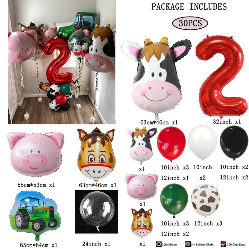 30pcs Farm Theme Green Tractor Cow Pig Inflatable Balloons 32inch Red 1-9 Number Balloon Happy Birthday Party Decor Baby Shower