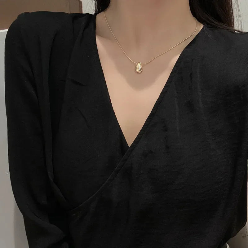 2pcs Simple Gold Color Geometric Water Drop Smooth Pendant Necklace Retro Personality Women's Necklace Clavicle Chain Jewelry