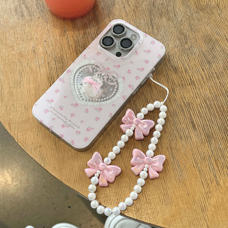 Cute 3D relif crystal cat animal cartoon bow flower bracelet imd phone case for iphone 15 14 pro max 11 12 13 promax back cover