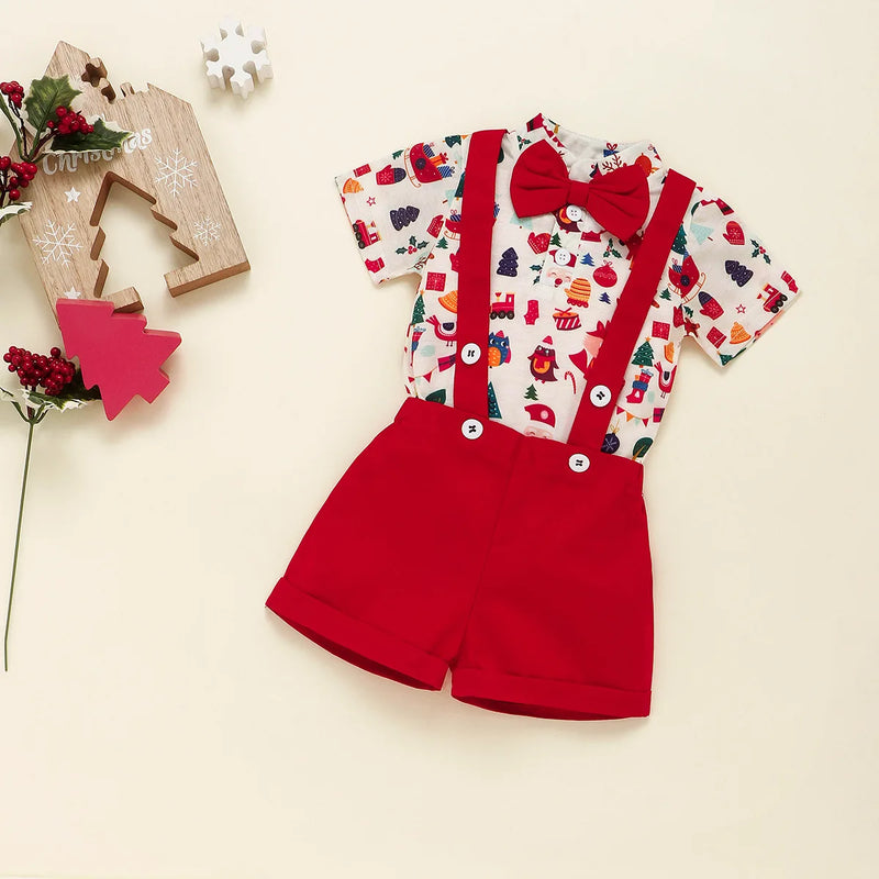 Christmas Suit Infant Bow Short Sleeve Polo Romper + Brace Shorts Set Newborn Baby Girl Boy Clothes