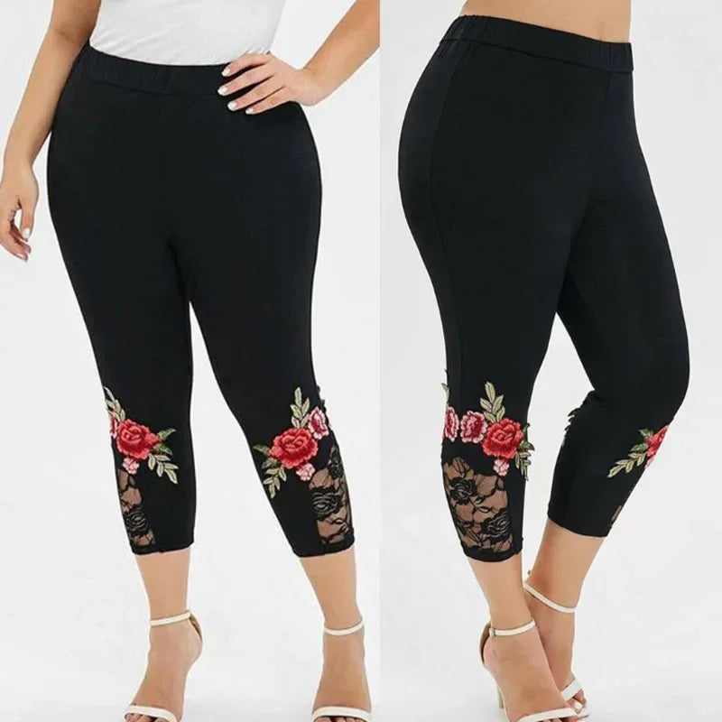 Women Rose Printed Lace Panel Slim Black Pants Female Casual Yoga Sports Elastic Leggings  S-2XL