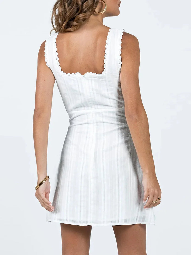 Sleeveless V-Neck Lace Trim A-Line Mini Dress Women s Summer Solid Color Tank Dress Short Square Neck Dress