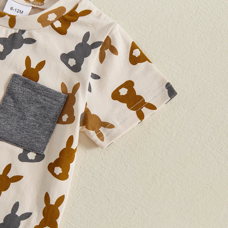 Toddler Boy Easter Outfit Bunny Print Short Sleeve T-shirt and Solid Shorts with Pockets 2 Piece Set for Baby Boys