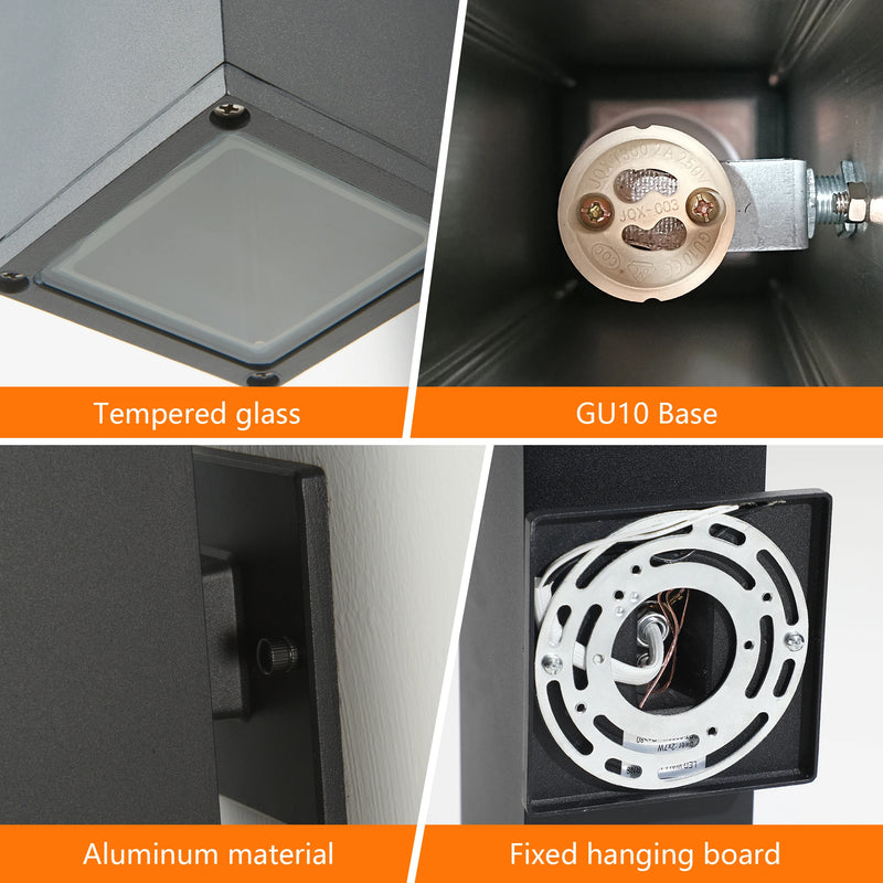 2-Pack Outdoor Wall Light IP65 Waterproof Up & Down GU10 Bulb Wall Sconce Black Aluminum Exterior Light for Porch, Patio, Garage