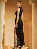 Sibybo Black Lace Long Dress For Women Sleeveless Hollow Out High Slit Bodycon Evening Dresses Sexy Slim Party Vestidos