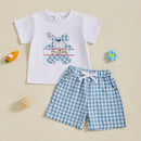 Toddler Boy Easter Outfit Adorable Bunny Print Shirt with Checkered Shorts Set for Spring Celebration
