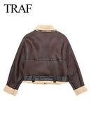 TRAFZA Winter Women's Belted Short Jacket Windbreaker Coat Fashion Retro Warm Thickened Long Sleeve Zipper Mujer Roupa Street