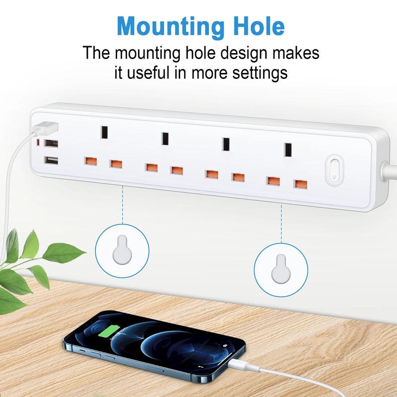 Power Strip Electric Socket UK MY SG with 3USB TypeC PD30W 13A 2500W Overload Protection Extension Cable 1.2m Electrical Sockets