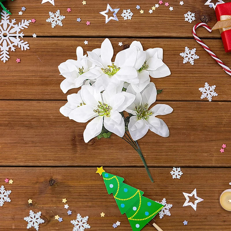 Poinsettia Shrubs 7 Heads Fabric Christmas White Silk Flower Fake Red Plants Festival Wedding Bouquet Home Decoration