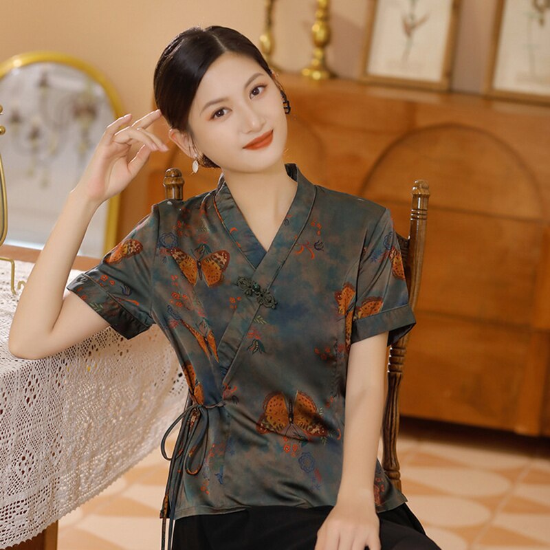 Traditional Chinese Print Flower Women Tang Coat Tops Sexy Slim Shirt Soft Silk Satin Blouse Vintage Classic Clothing Plus Size