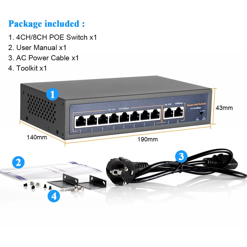 Techage 48V 4CH 8CH 16CH Network POE Switch With 10/100Mbps IEEE 802.3 af/at Over Ethernet For IP Wireless AP CCTV Camera System