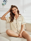 Summer Women's Pajamas Sets Short Sleeve Notched Collar Top Tee Button Down Elastic Waist Shorts Home Suit Loungewear Sleepwear