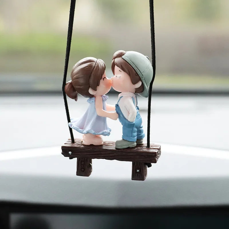 Lovely Kiss Hug Boy Girl Car Ornament Hanging Pendant Car Rearview Mirror Decorations Couple Dolls Interior Accessories Model