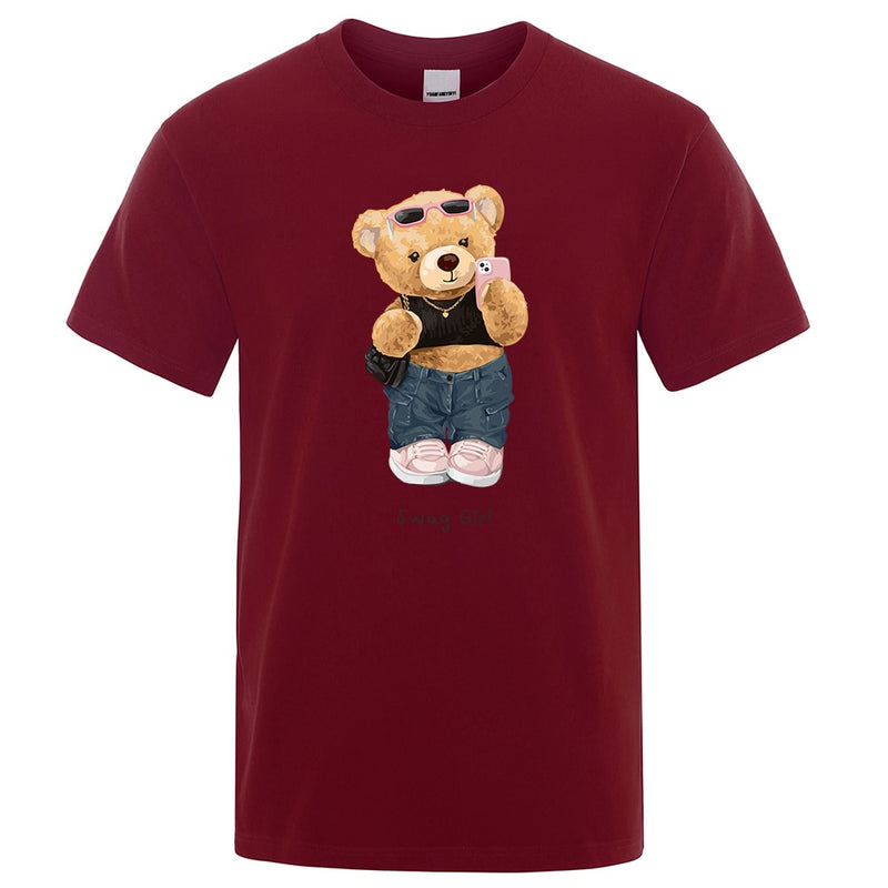 Street Teddy Bear Selfie Swag Girl  Prints Men Tops Fashion Summer T Shirt Mens Short Sleeve Hip Hop Streetwear