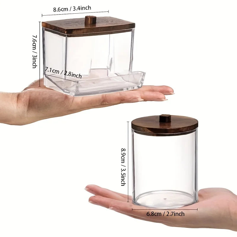 3pcs Swabs Holder Bathroom Container, Storage Box Cotton Ball/Swabs Dispenser, Apothecary Jar Organizer for Storage Wood Lids