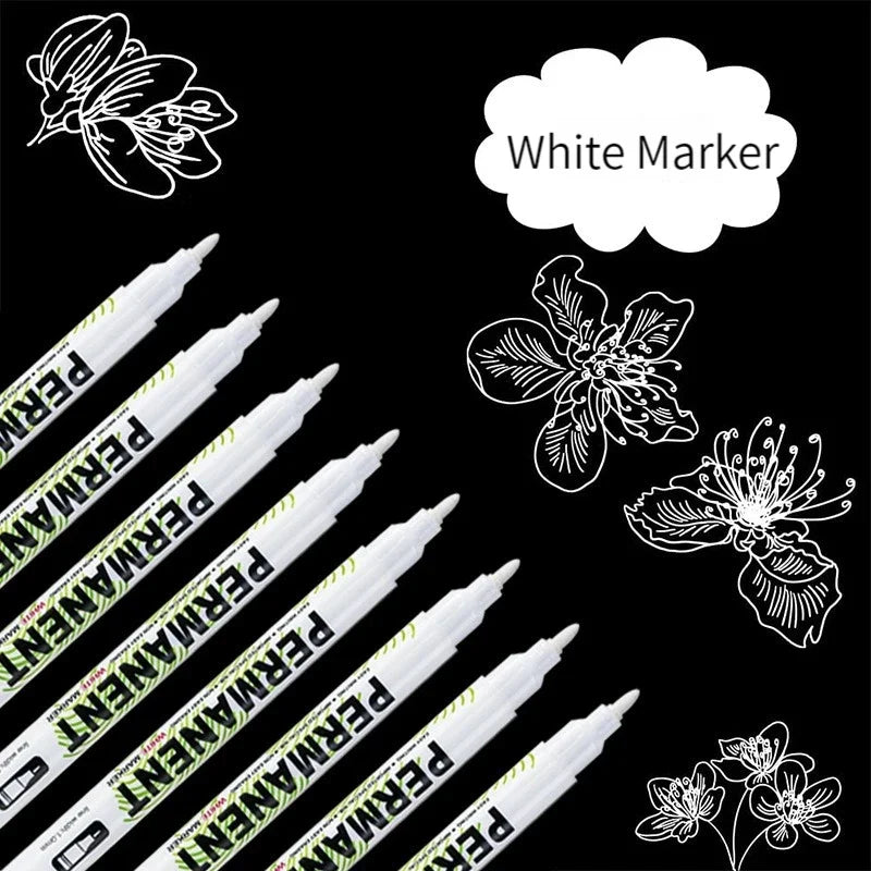 10Pcs Waterproof White Marker Pen Alcohol Paint Oily Tire Painting Graffiti Pens Permanent Gel Pen for Fabric Wood Leather 1.0MM