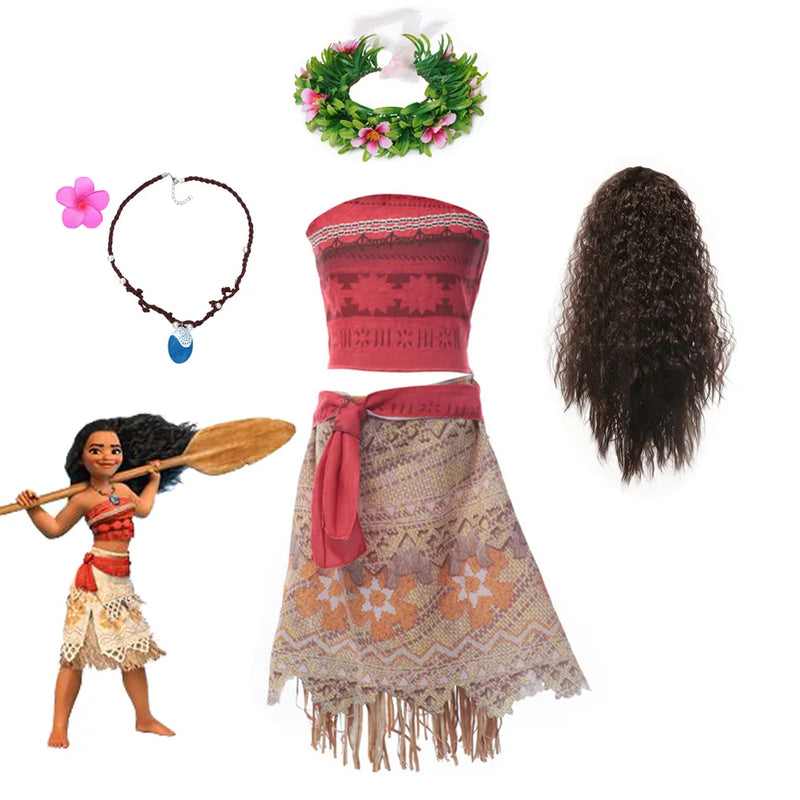 Moana Dresses Girls Kids Clothes Cosplay Vaiana Princess Dress Necklace Wig Children Carnival Party Summer Disney Costume Set
