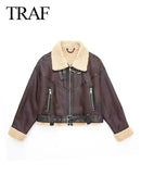TRAFZA Winter Women's Belted Short Jacket Windbreaker Coat Fashion Retro Warm Thickened Long Sleeve Zipper Mujer Roupa Street