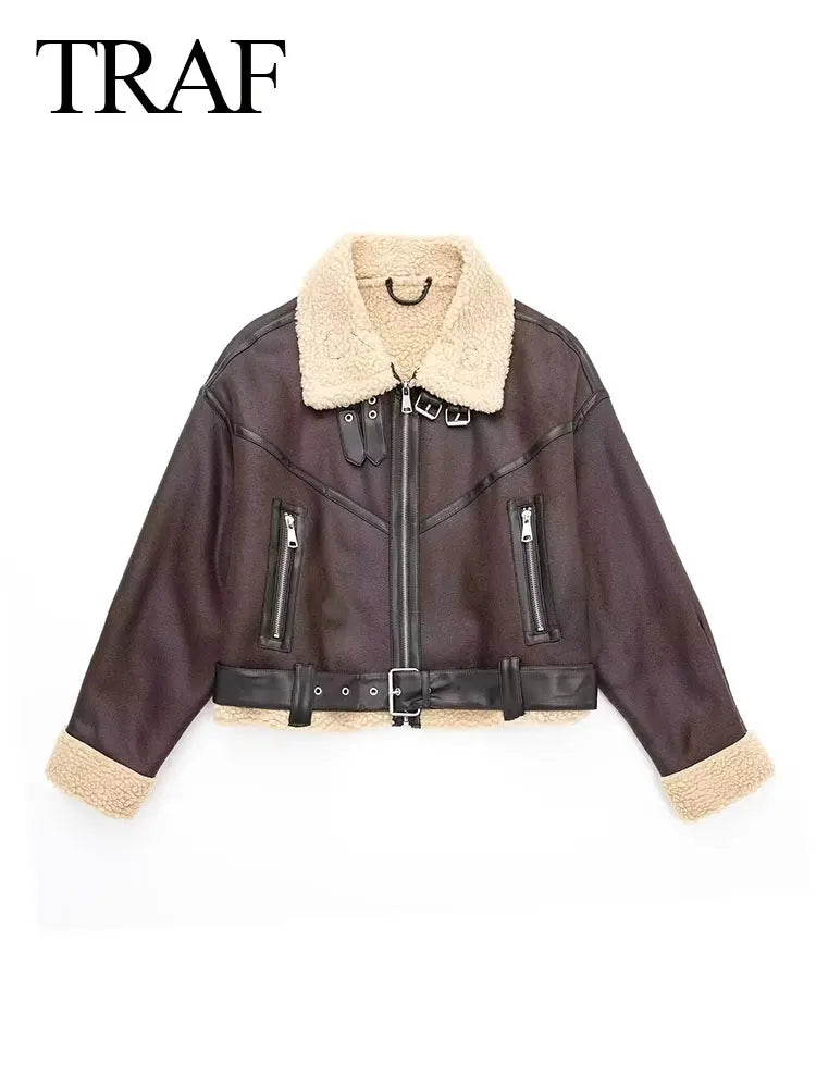 TRAFZA Winter Women's Belted Short Jacket Windbreaker Coat Fashion Retro Warm Thickened Long Sleeve Zipper Mujer Roupa Street