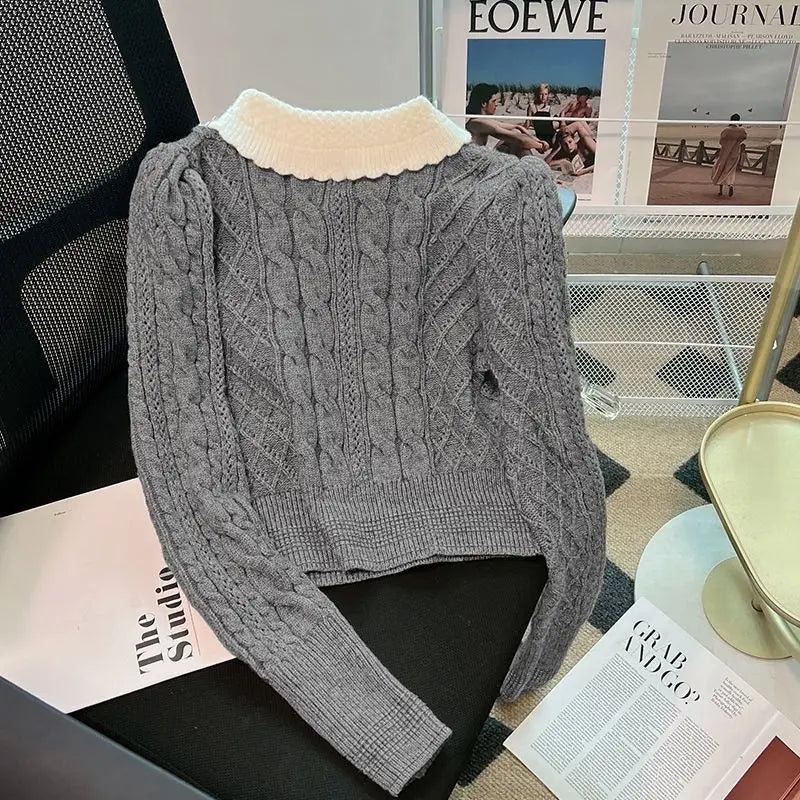 Design Bowknot Grey Fried Dough Twists Sweater Women's Autumn and Winter New College Style Knit Backing Shirt