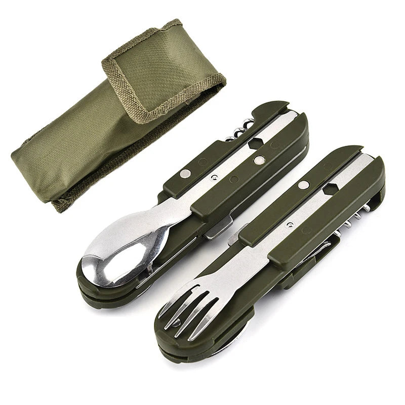 Camping Folding Picnic Cutlery Knife Portable Stainless Steel Army Green Fork Spoon Bottle Opener Flatware Tableware Travel Kit