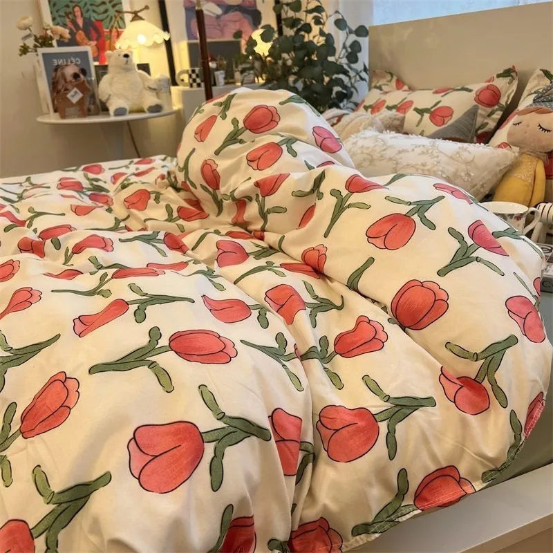 Ins Style Bedding Set Fashion Solid Color Washable Duvet Cover Without Comforter Pillowcases Sheet for Student Soft Home Textile