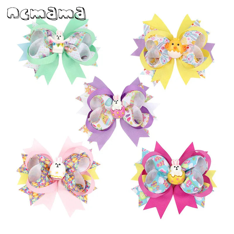 ncmama 4.5" Easter Day Hair Clips for Girls Kids Handmade Swallowtail Stack Rabbit Hair Bows Hairpins Fashion Hair Accessories