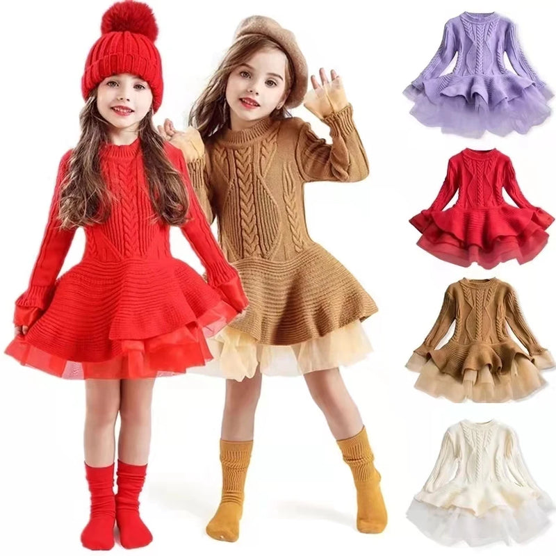 Kids Girls Tutu Dress 2022 Autumn Winter Girls Knitted Chiffon Dresses Christmas Birthday Party Children Girls Clothes