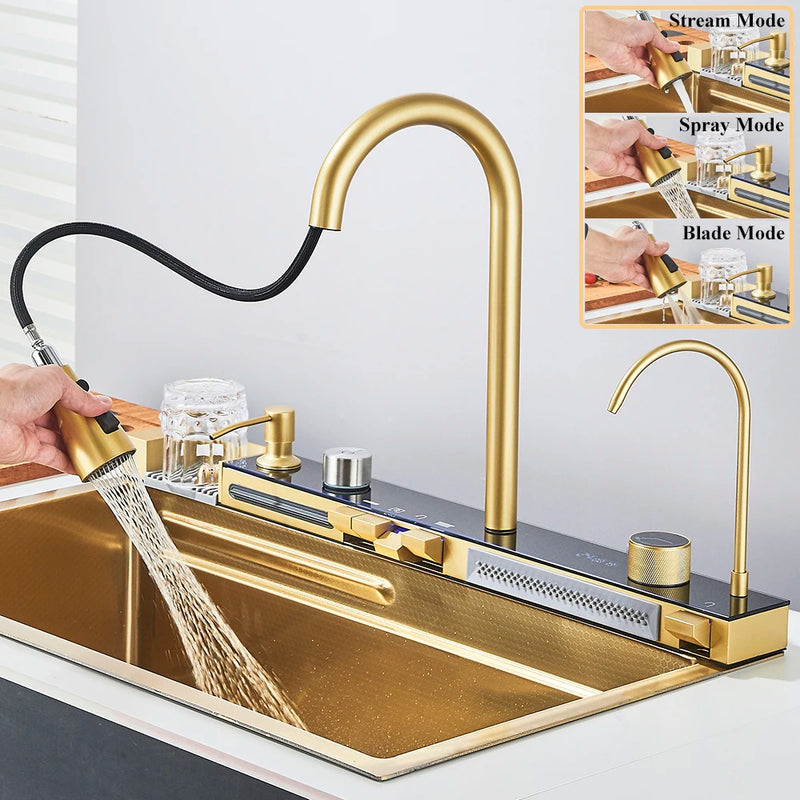 Gold Multifunctional Kitchen Waterfall Sink Digital Display Large Single Sink Dish Basin Sink 304 Stainless Steel