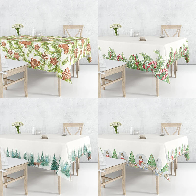 Cartoon Santa Claus Christmas Trees Reindeers Gingerbread Man Linen Decorative Tablecloth Dustproof Table Cover Multiple Size