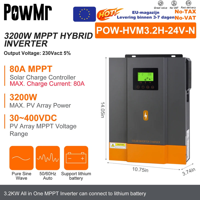 PowMr 3.2KW 24V Hybrid Solar Inverters 12V V Pure Sine wash 80A MPPT Solar Charge Controller Charges lithium Battery With WIFI