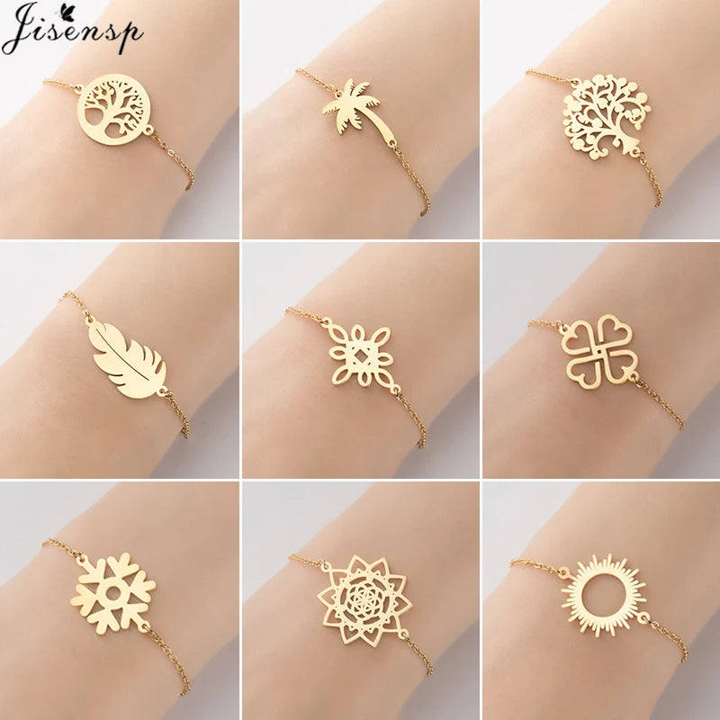 Stainless Steel Plant Charm Bracelet Minimalist Lotus Mandala Leaf Snowflake Bracelets for Women Tree of Life Bangles Jewelry