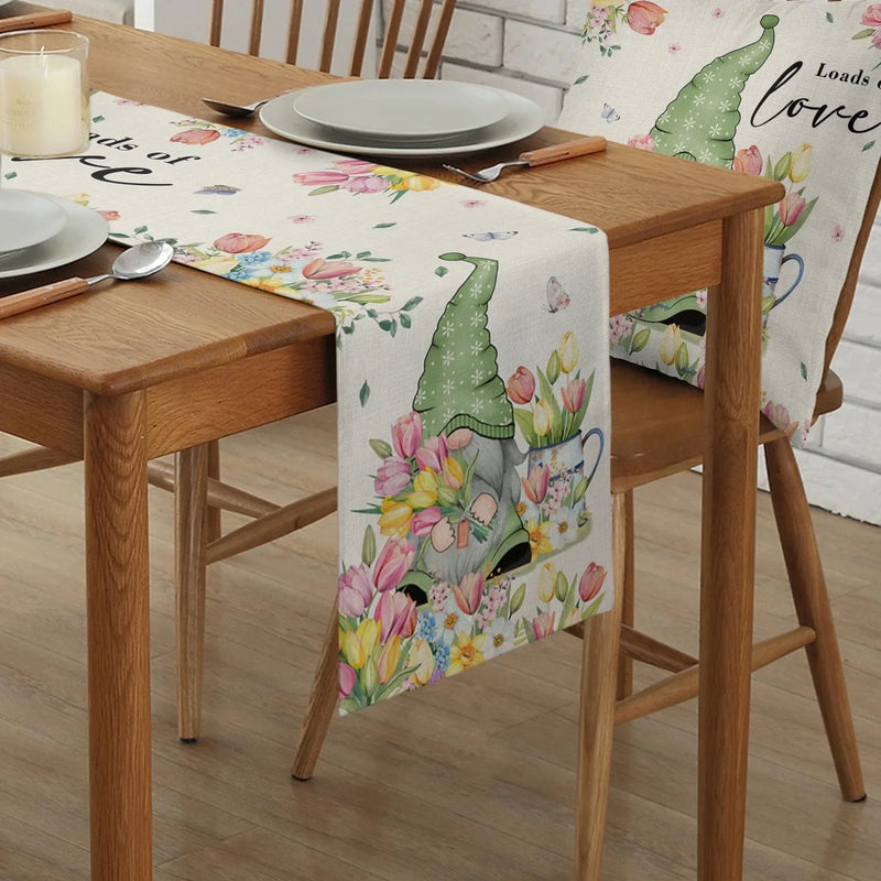 Spring Easter Tulip Gnome Linen Table Runners Holiday Party Decor Farmhouse Kitchen Dining Table Runners Easter Decoration 2024
