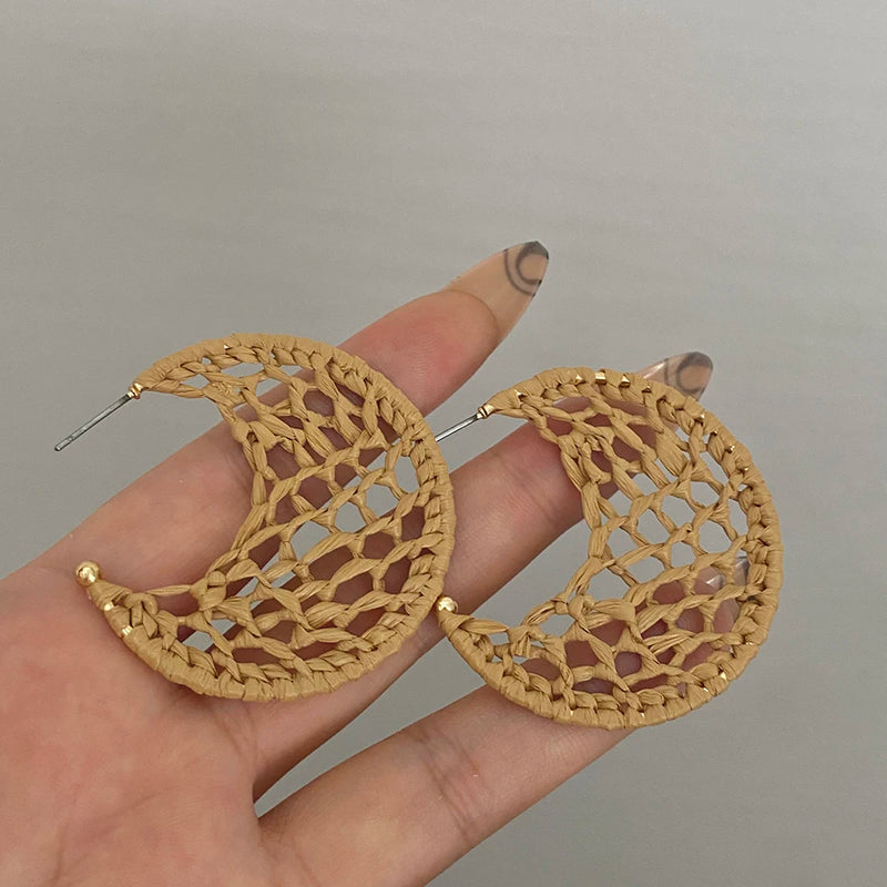 AENSOA Bohemia Handmade Raffia Rattan Braid Wooden Big Large Drop Earrings for Women Boho Jewelry Exaggerated Ethnic Earring