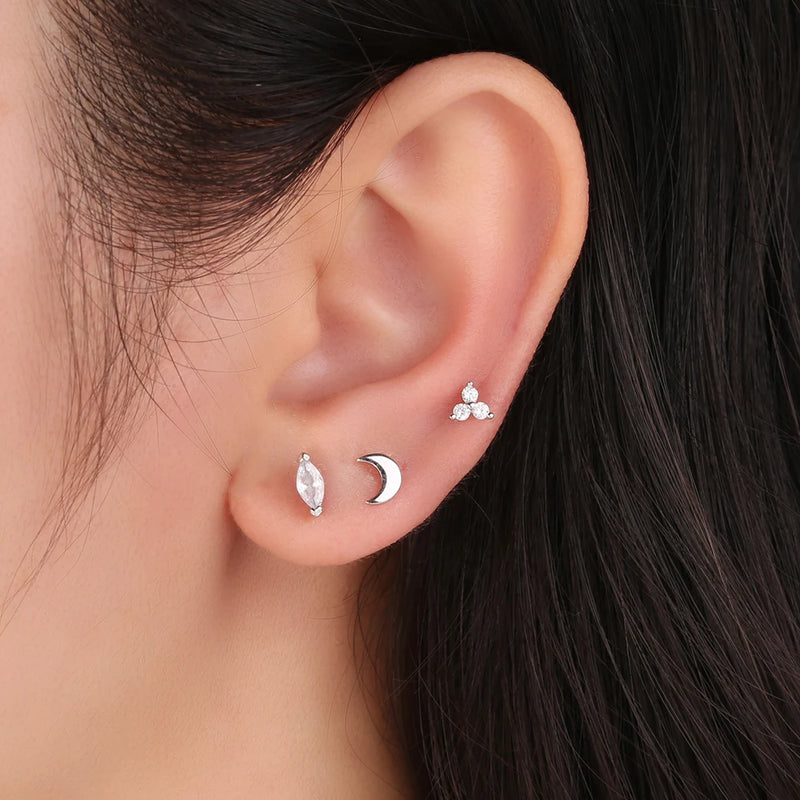 Dowi S925 Sterling Silver Eye Moon Stars Earring for Women White Zircon Flat Back Screw Piercing Stud Earring Pendiente Jewelry
